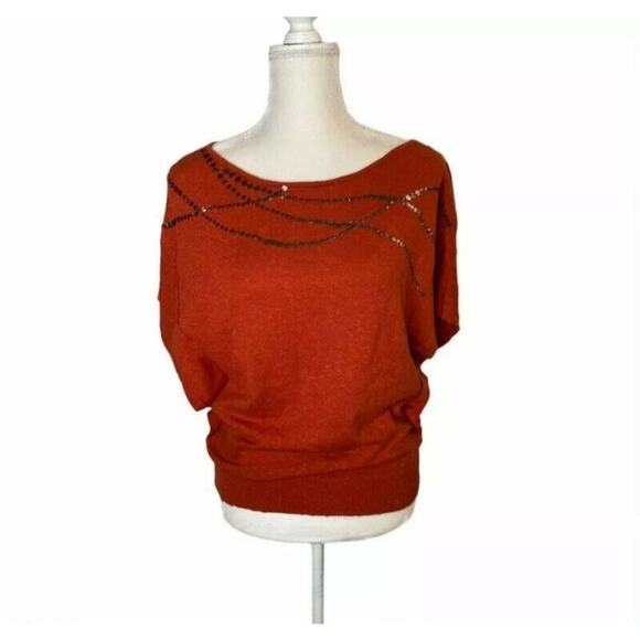 Jones Wear embellishments knit blouse Orange red sz medium short sleeve - Picture 2 of 9